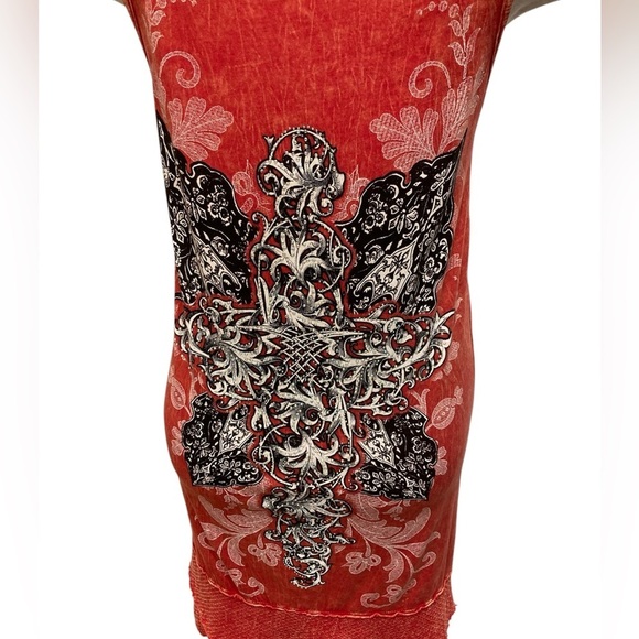 3/$15 Vintage Y2K 2000’s Floral Cross Embellished Red Dress Bling Women’s Large - Picture 6 of 9